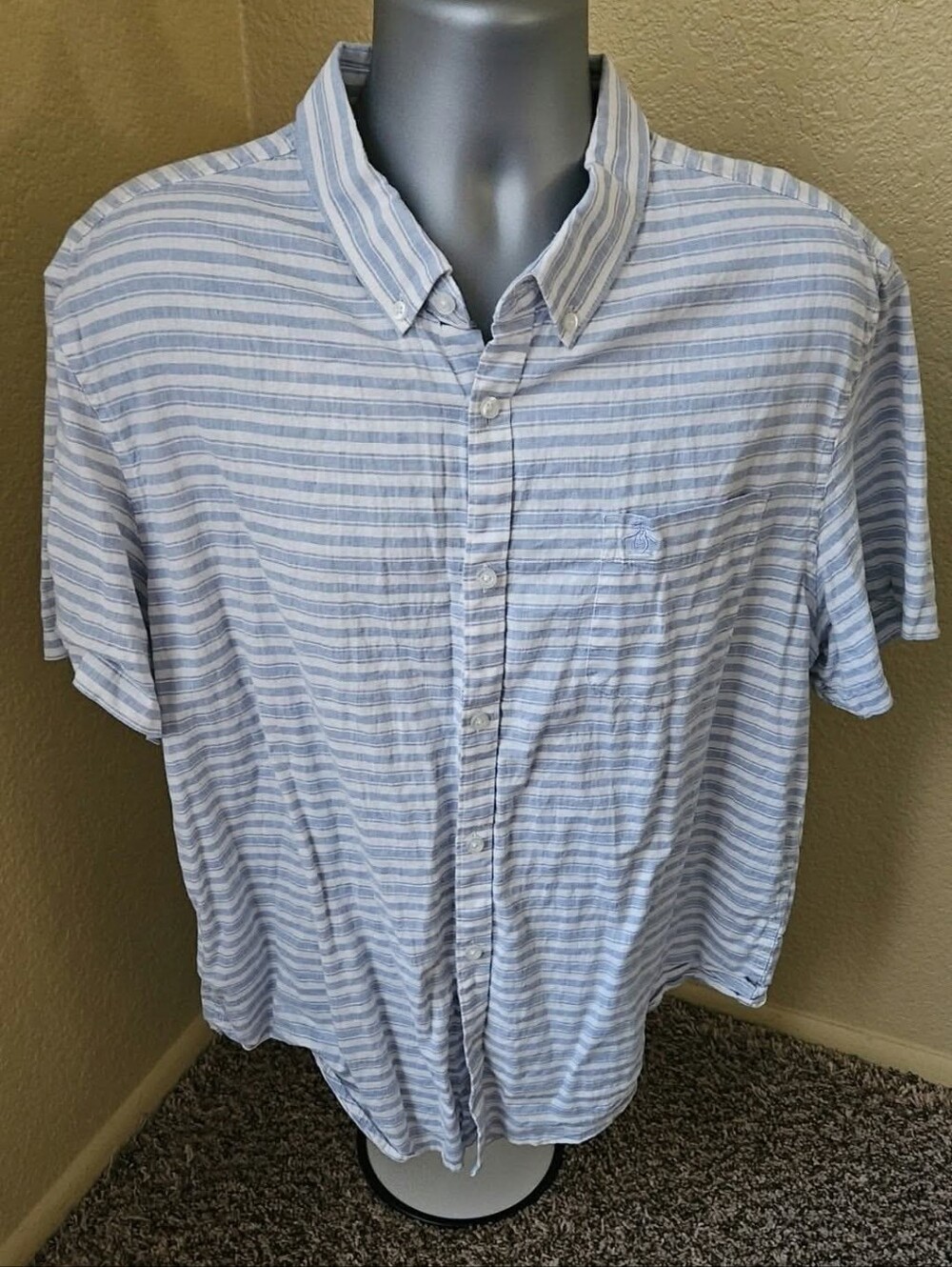 Blue White Striped Short Sleeve Button Down Shirt